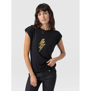 NWT Saint + Sofia Turn Up Tee Shirt Black Rock N Roll Sz 4 Lightning Bolt Retro